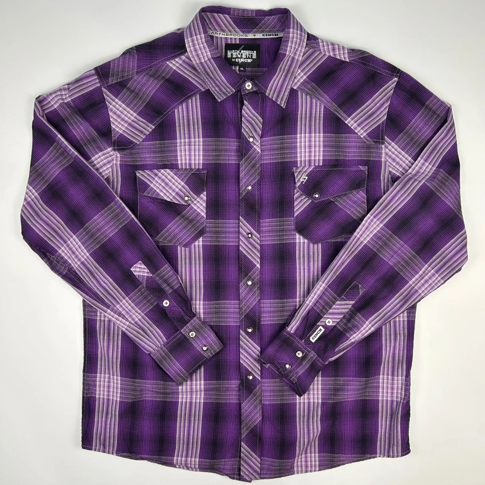 Garth Brooks Sevens by Cinch Mens XL Purple Plaid Western Snap Long Sleeve Shirt - Picture 1 of 11